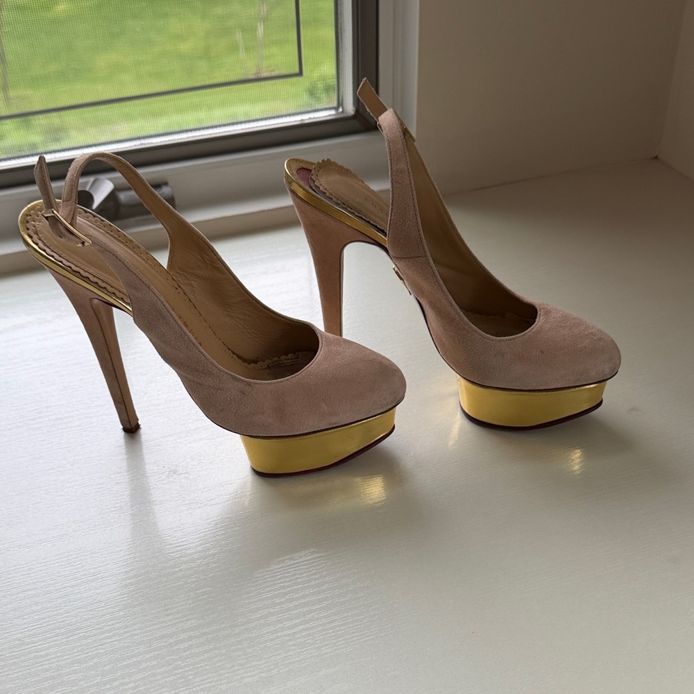 Charlotte Olympia Nude Suede Slingback Platform Heels with Gold Accent